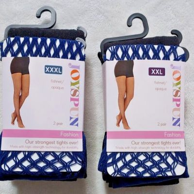 2 pair Joyspun Fashion Tights Size XXL / XXXL Fishnet and Opaque Navy Black NEW